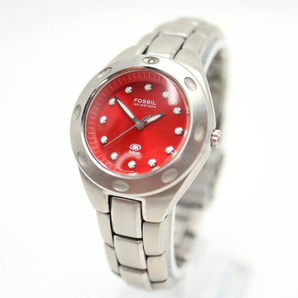 Fossil Blue 30mm Red Dial Womens Watch w 6" Stainless Steel AM3340 New Battery - Picture 1 of 10
